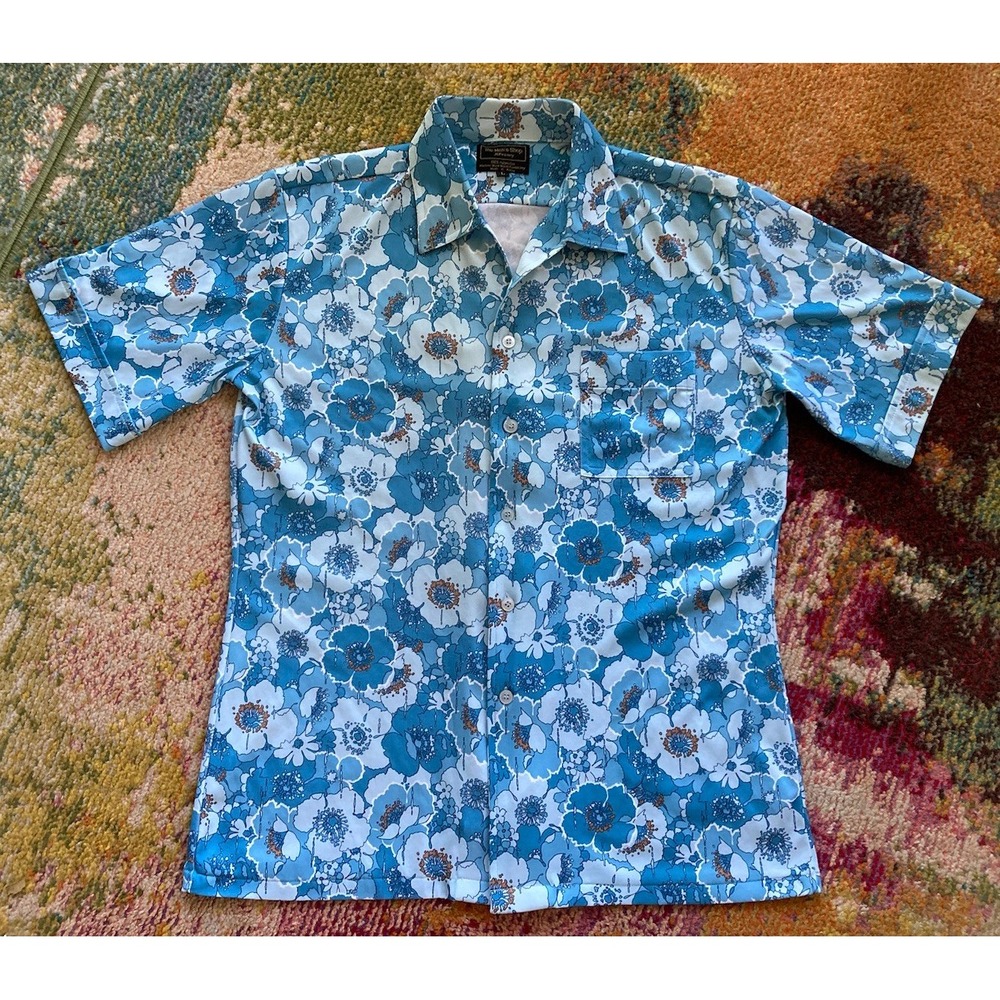 Vintage 70s 80s JC Penneys Shirt Mens Size Large Hawaiian Floral Blue Button Up